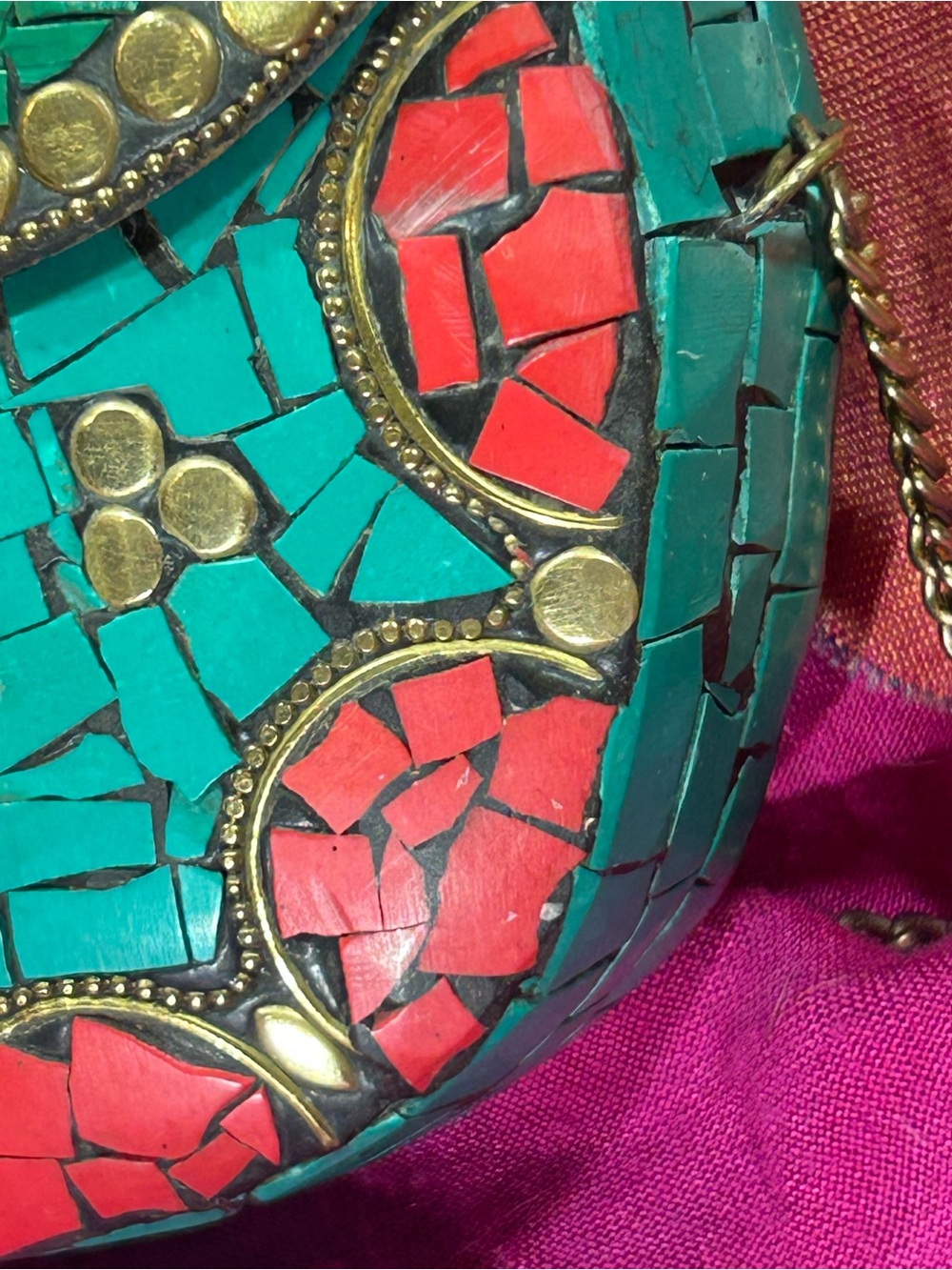 Vintage Turquoise & Red Mosaic Crossbody Tibetan Bag - Picture 5 of 12